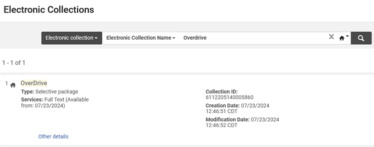 A screenshot of the electronic collection search box retrieved by clicking the "hamburger" button of the inventory information screen. The search for Electronic Collection Name OverDrive retrieved a single result.