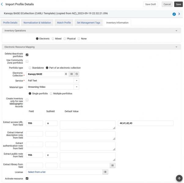 A stitched screenshot from Alma of the inventory information tab of the Kanopy import profile. The electronic collection search button, or "hamburger" button is highlighted.