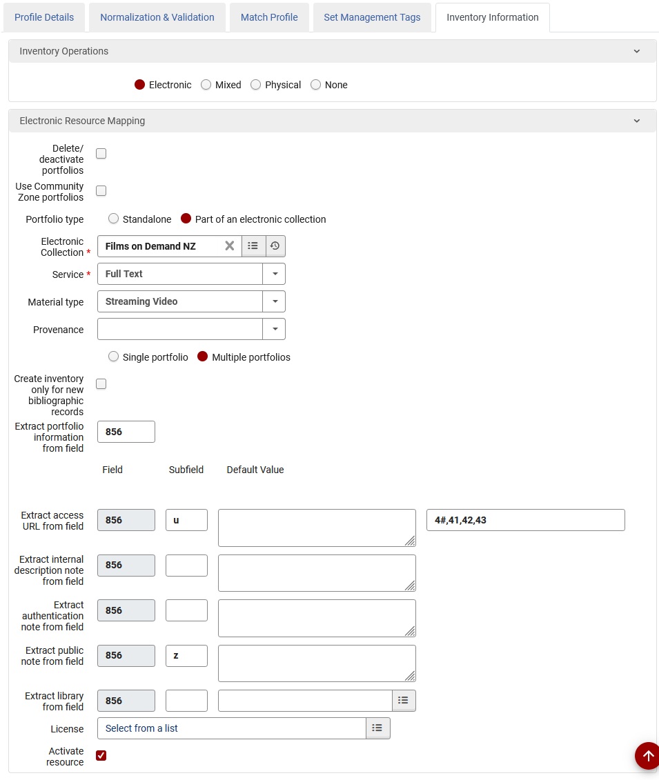 A stitched screenshot from Alma of the inventory information tab of the Kanopy import profile. The electronic collection search button, or "hamburger" button is highlighted.