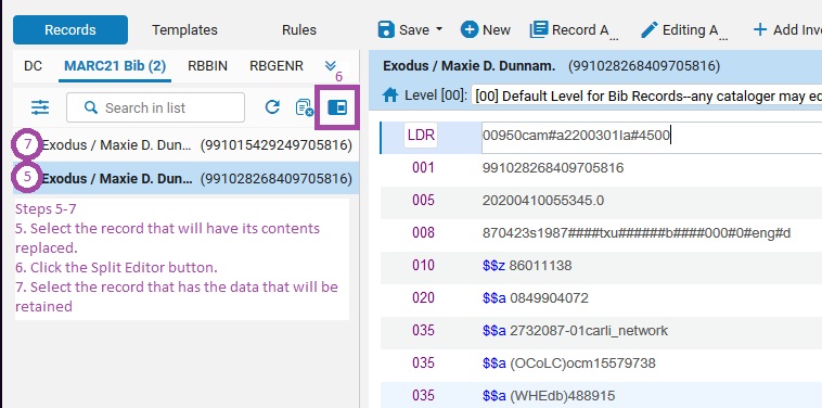 Image of the Alma new metadata editor showing two records selected, and one record open in the editor. Instruction steps 5-7 are called out with numbers.