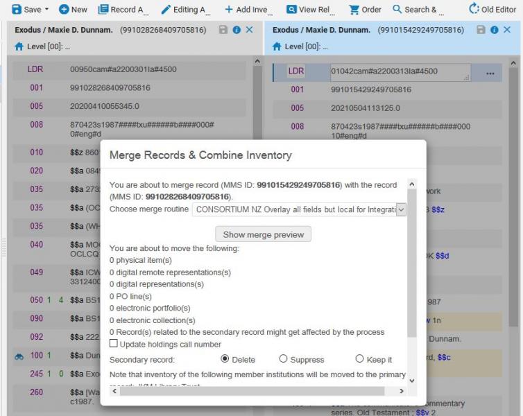 Image of the Merge Records & Combine Inventory box, sitting in front of two records being merged. The record on the left will be replaced by the data in the record on the right. Message box states, You are about to merge record (MMS ID: 991015429249705816) with the record (MMS ID: 991028268409705816). Choose merge routine CONSORTIUM NZ Overlay all fields but local for Integration Profile, Import Profile, Combine and Merge Inventory.
