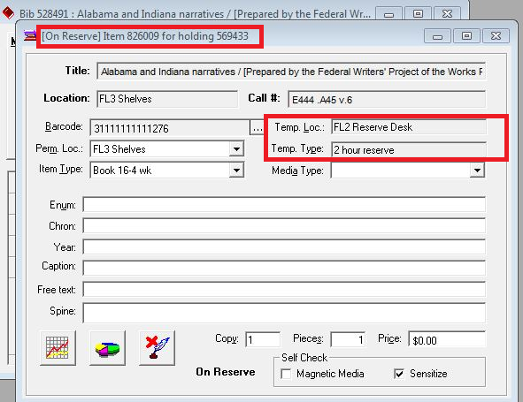Example of item record marked On Reserve with temporary location and temporary item type.
