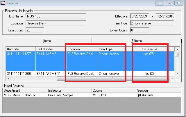 Example of Reserve List View showing location and item type setting
