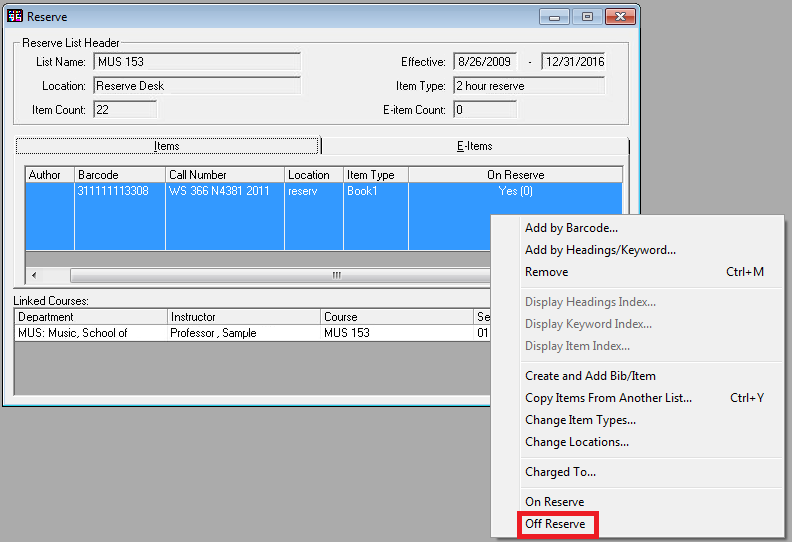 Reserve list, item view; right click the item and choose Off Reserve."
