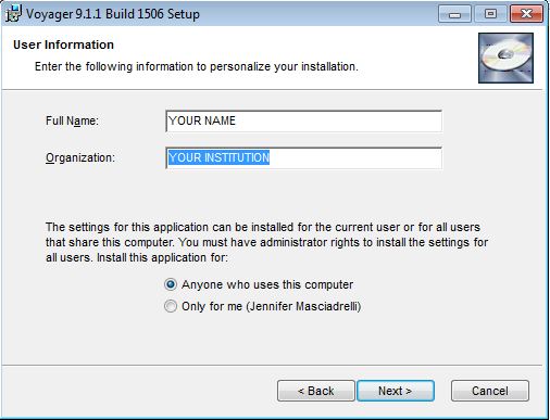 Screenshot shows the Voayger 9.1.1 User Information screen where a prompt is located to enter your name and your organization's name.