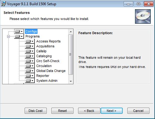 Screenshot shows the step in the Voyager Installation process where staff select which clients will be installed on teh computer, and which will not be installed. Clients that you choose to install will show a "harddrive" icon; clients that you choose not to install will show a red X.