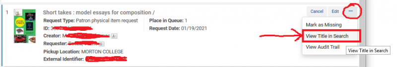Screenshot shows the ellipse for the reqeust highlighted, and the "View Title in Search" option.