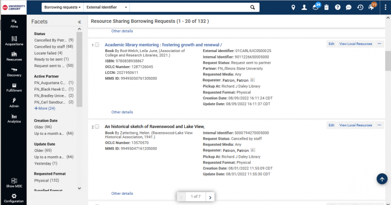 Screenshot shows a sample "Resource Sharing Borrowing Requests" page from the UIC Alma sandbox. The facets are on the left side of the image, with two sample requests on the main portion of the image.