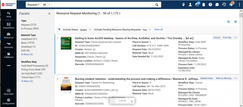 Screenshot shows a sample "Resource Request Monitoring" page from the UIC Alma sandbox. The facets are on the left side of the image, with two sample requests on the main portion of the image. The first sample request is a Patron physical item request. The second is a Transit For Reshelving request.