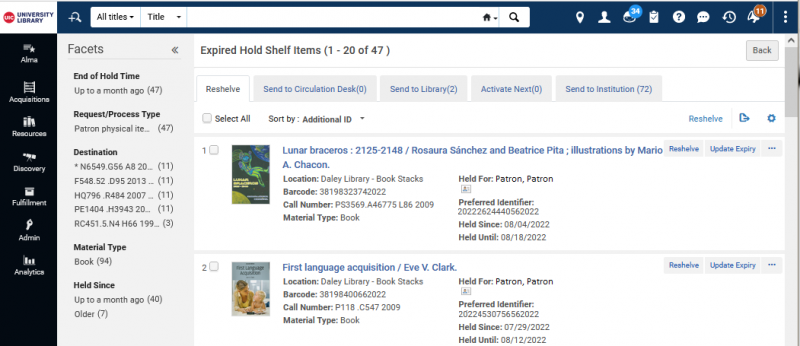 Screenshot shows a sample "Expired Hold Shelf" page from the UIC Alma sandbox. The facets are on the left side of the image, with two sample expired on hold items on the main portion of the image.
