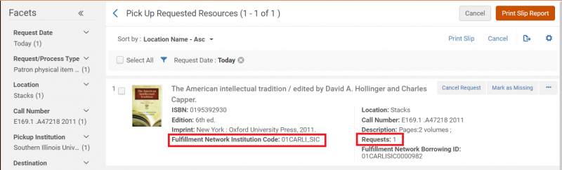 Screenshot shows a request in the Alma Pick from Shelf List. The line in the reqeust for "Fulfillment Network Institution Code: 01CARLI_SIC" and the line for "Requests: 1" are both highlighted.