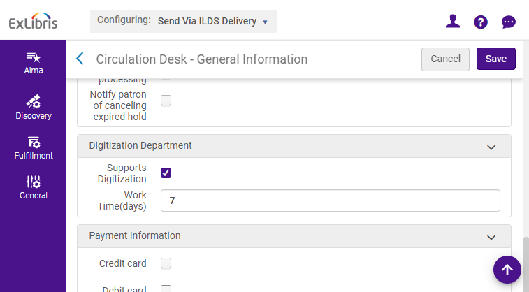 This screenshot shows Alma Configuration, with the default circulation desk's configuration open on screen. The are of the General Details tab for "Digitization Department" is shown, with the "Supports Digitization" and "Work Time(days)" values showing.