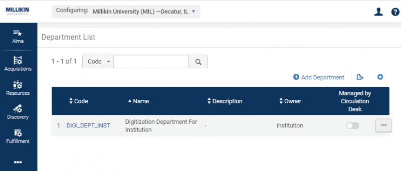 This screenshot shows the Alma Configuration, Fulfillment, Digitization Departments area. There is one department in the Department List, the default DIGI_DEPT_INST department added by default by Ex Libris.