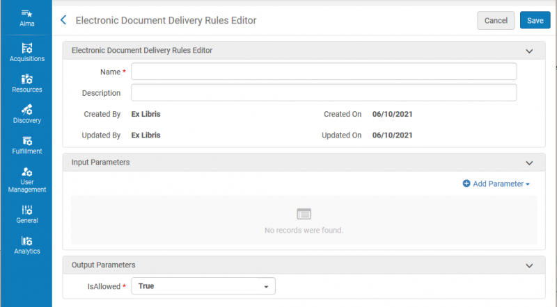 Image shows the Electronic Document Delivery Rules Editor screen. The fields in the screenshot are blank.