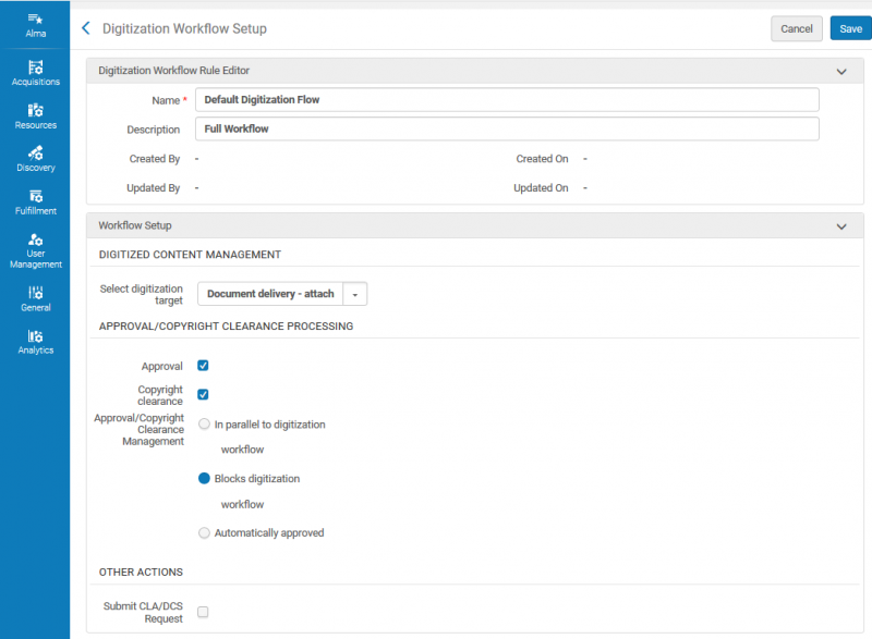 Image shoes the Digitization Workflow Setup's Digitization Workflow Rule Editor, open to the Default Digitization Flow rule. 