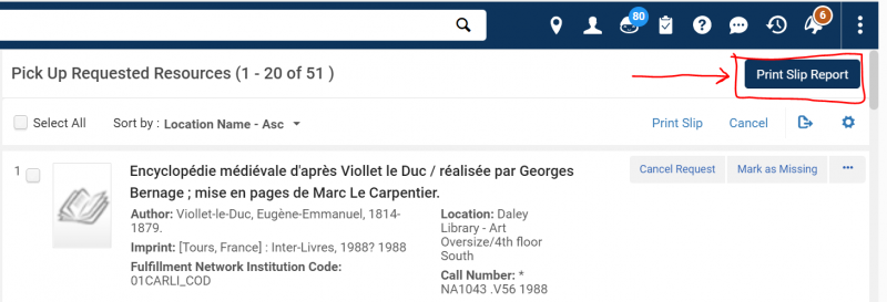 Screenshot shows the Pick from Shelf List from one of the Alma Sandboxes, with the "Print Slip Report" button in the upper right corner of the screen highlighted.