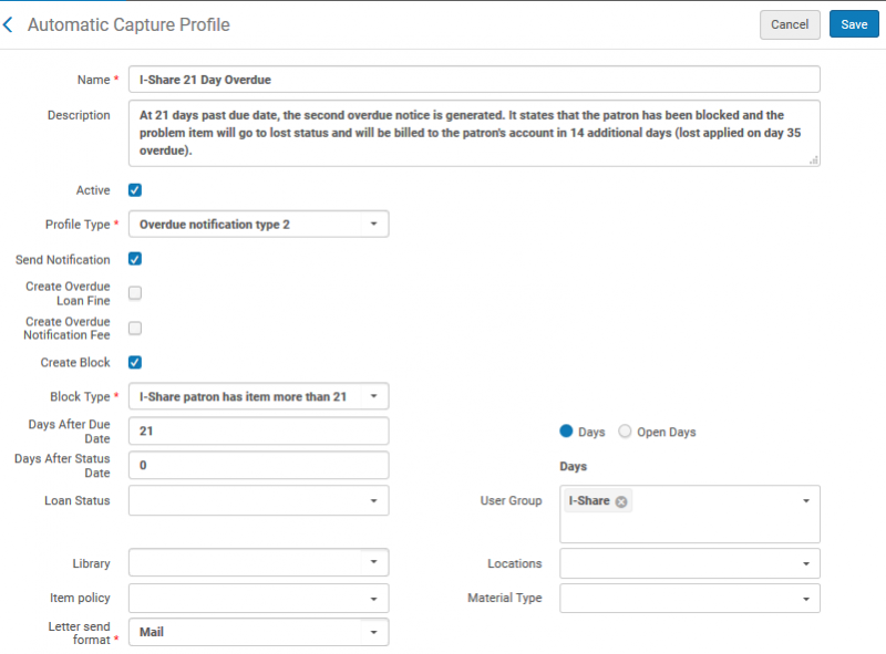 Screenshot shows the settings for the "I-Share 21 Day Overdue" profile.