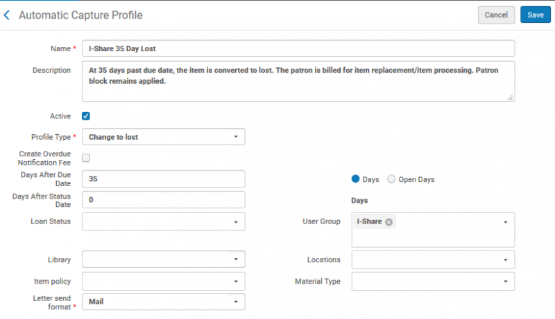 Screenshot shows the settigs for the "I-Share 35 Day Lost" profile.