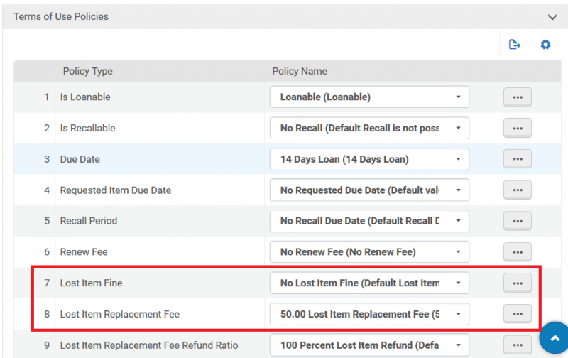 Screenshot shows a portion of a Fulfillment Loan-type terms of use. The Lost Item Fine, and the Lost Item Replacement Fee settings are highlighted.