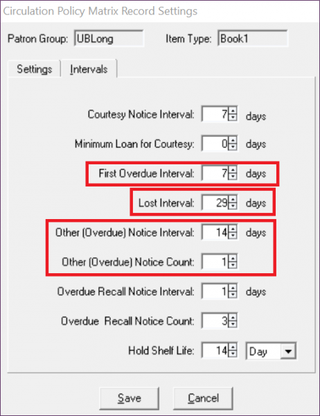 Screenshot shows a Voyager Circulaton Matrix Entry's intervals tab.