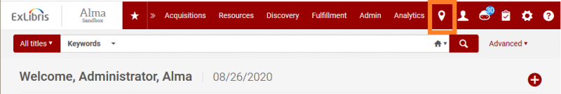 Screenshot shows an Alma main page, with the Location icon highlighted.