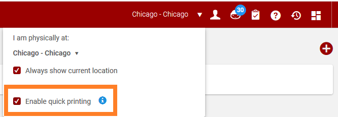 Screenshot shows the menu that opens once the current location is selected. The option for "Enable quick printing" is highlighted.