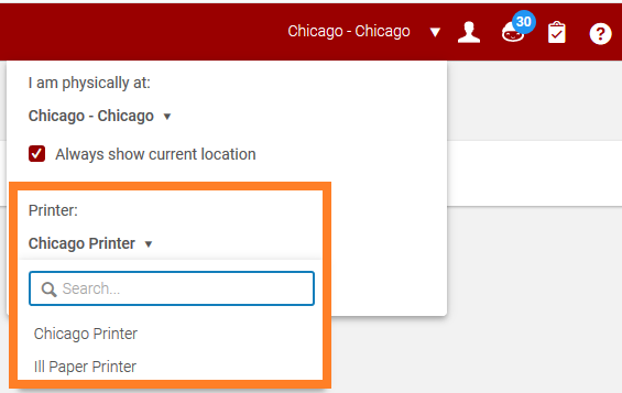 Screenshot shows the current locations menu open, with the available printer selection drop-down highlighted.