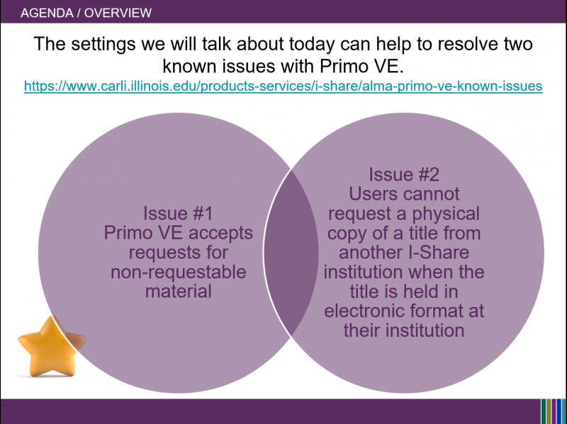 Screenshot of the PowerPoint Presentation from the 12/6 webinar. It shows two known issues, #1- Primo VE accepts requests for non-requestable material (posted 9/17/2020; updated 12/6/2022), and #2 Users cannot request a physical copy of a title from another I-Share institution when the title is held in electronic format at their institution (originally part of an entry posted 9/2020; updated 2/2021; removed 8/2021; reposted and updated 8/2022) 