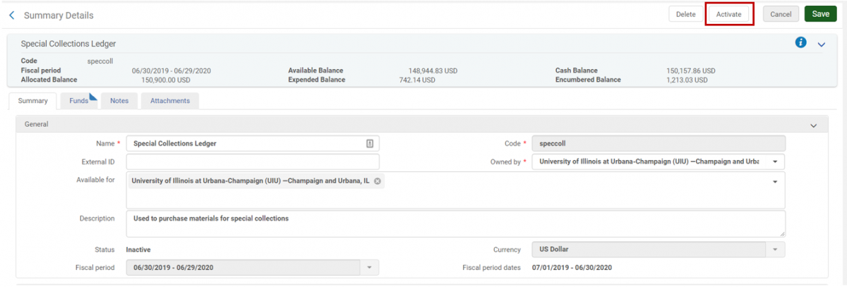 Screenshot of the Alma ledger screen highlighting the button for Activate.