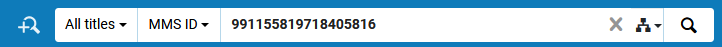 An image of the Alma persistent search box set to search all titles by MMS ID with an id value entered.