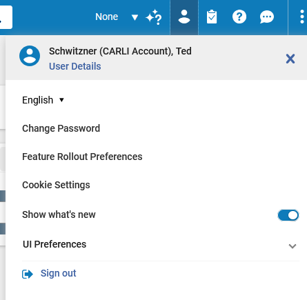 The Alma User menu includes an option to change password as well as options for user settings and preferences.