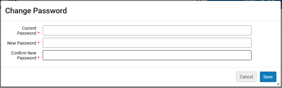 The Change Password screen prompts for the current password, then the new password should be entered twice.