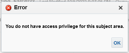 An error message in Alma Analytics stating "You do not have access privilege for this subject area." An OK button closes the message.