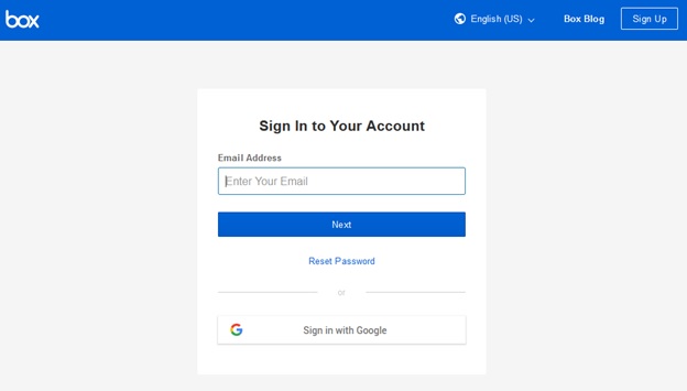 An image of the box.com login screen found at https://app.box.com/login. The screen prompts for an email address and includes a Next button and a Reset Password link.