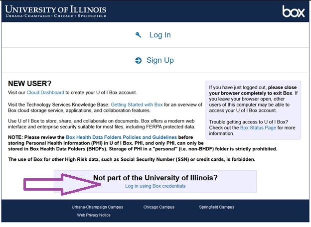 An image of the University of Illinois' login screen for box.com, located at box.illinois.edu. The Log In option is for University of Illinois users. Users not from the University click the Log in using Box credentials option at the bottom.