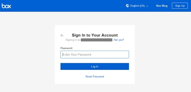 An image of the box.com password entry screen. The screen identifies the email address you are using to sign in, includes a Log In button and a Reset Password link.