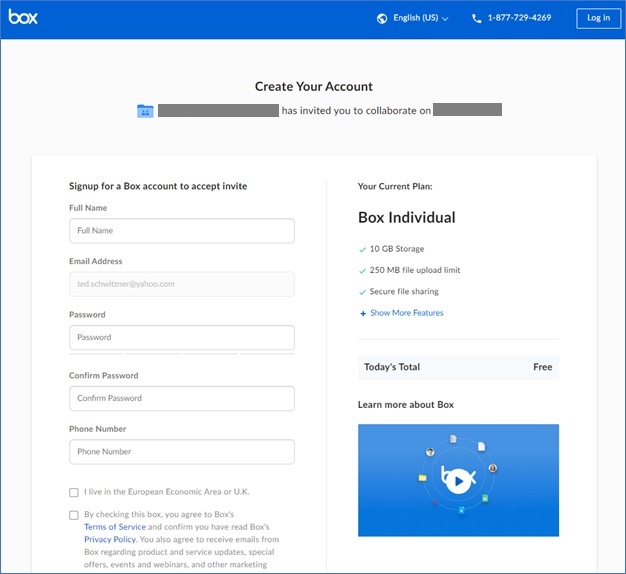 An image of the Box.com account creation form which prompts for a full name, email address, password, phone number, a check box to identify if you live in the EU or UK, and a checkbox agreeing to Box terms of service.