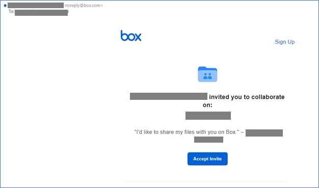 An image of an invitation email sent from noreply@box.com. The message identifies that a someone has invited you to collaborate on a folder, with a button to Accept Invite.