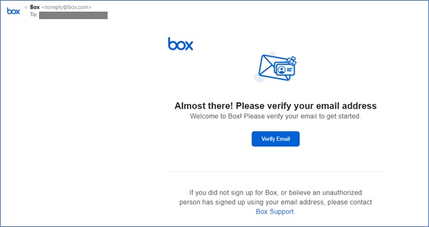 An image of an email sent from noreply@box.com. The message prompts a user that just created an account to Verify Email.