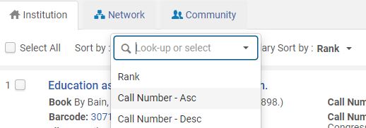 A portion of an Alma physical items search results screen. Clicking Sort by offers options for Call Number - Ascending and Call Number - Descending.
