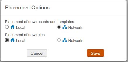 An image of the Alma metadata editor placement options dialog window, showing Placement Options at the top. The option labeled Placement of new records and templates has a value of Network, and the option labeled Placement of new rules has a value of Local.