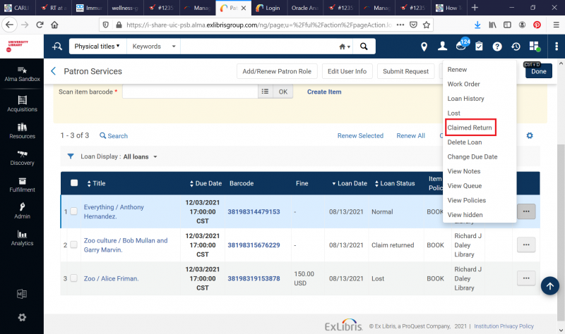 Screenshot of selecting a Claims Returned item