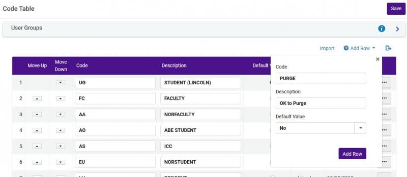 An image of Alma's configuration screen for user groups, including the Add Row window and values for a new user group.