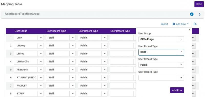 An image of Alma's configuration screen for user groups mapped to user record types, with the Add Row window open and values selected for a new row.