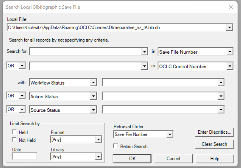 An image of the Connexion Client search local bibliographic save file screen with no search criteria added.