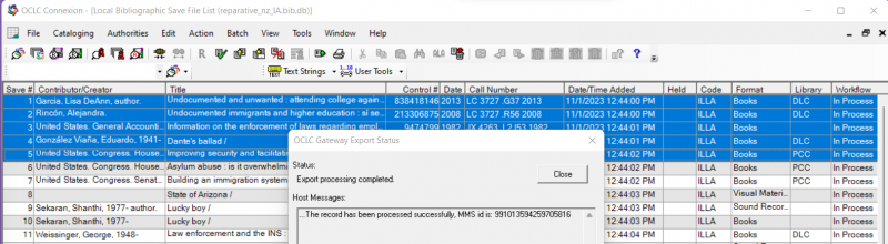 A screenshot of the OCLC Connexion Client showing five records selected and the gateway export status window displaying the progress of one record export.