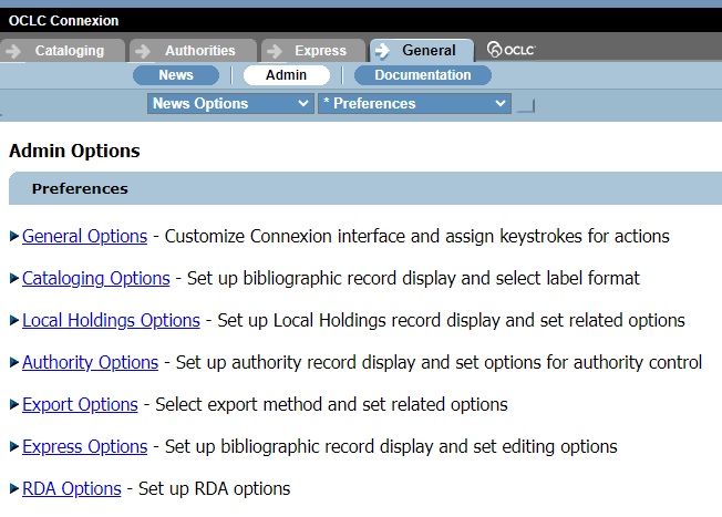 An image of OCLC Connexion Browser's admin options screen.