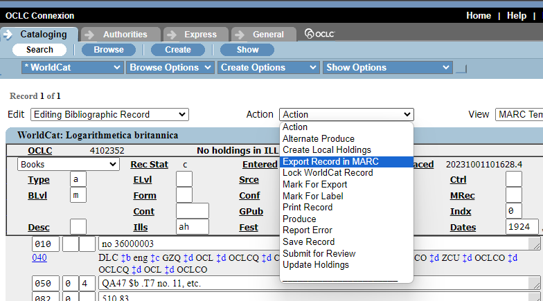 An image of OCLC Connexion Browser with a bibliographic record open for editing, and the action menu expanded to the Export Record in MARC option.