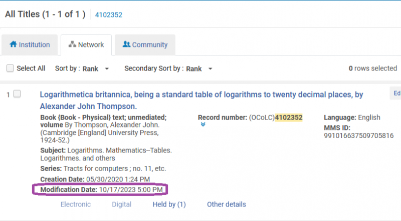 An image of Alma search results for an OCLC number that shows one title found.