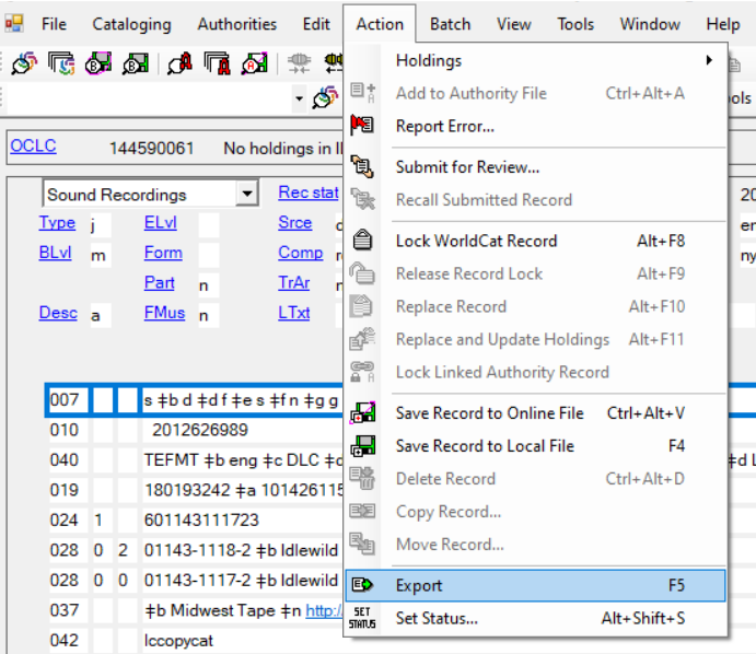 An image of a bibliographic record open in Connexion client and the Action menu expanded to select Export.